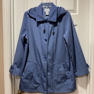 Blue Trench Rain Coat with Hood and Water-Resistant Fabric jacket